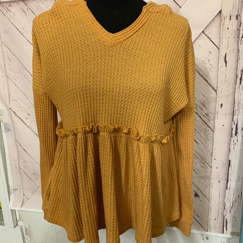 Mustard yellow waffle hooded top